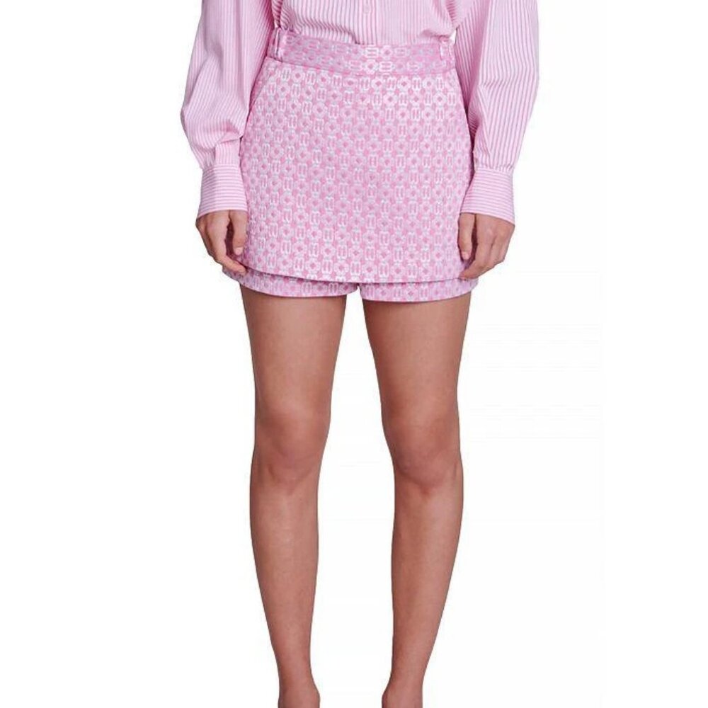 Maje pink jacquard knit skort with a metallic clover pattern
